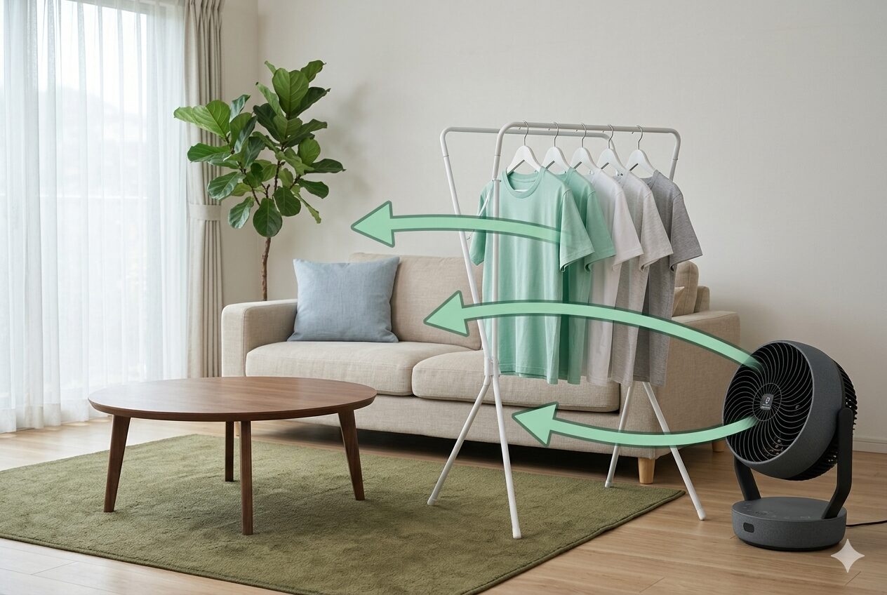 シャープ PK-S1801 で部屋干しの洗濯物を早く乾かすリビングの配置例