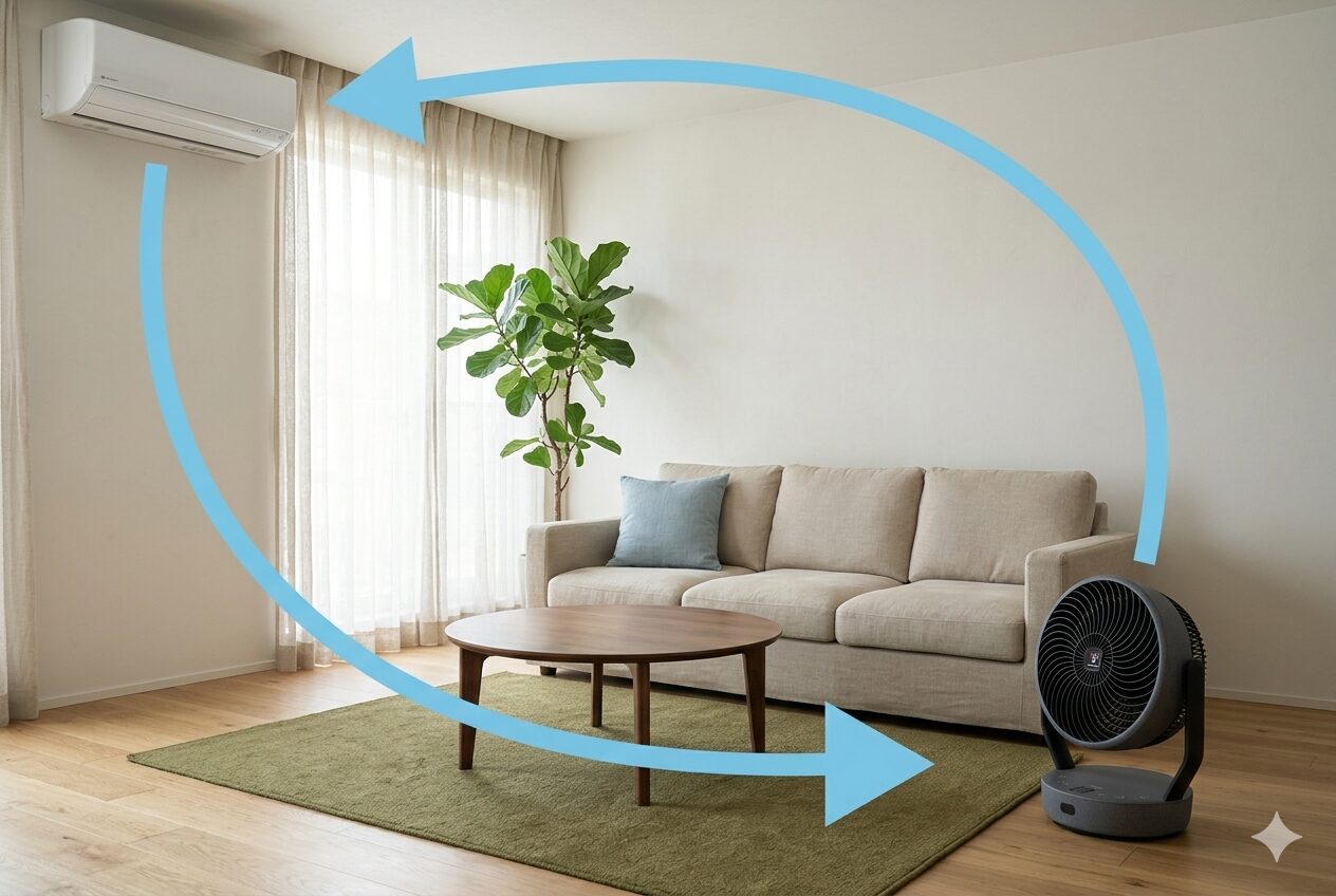 シャープ PK-S1801 とエアコン冷房を併用したリビングの空気循環図