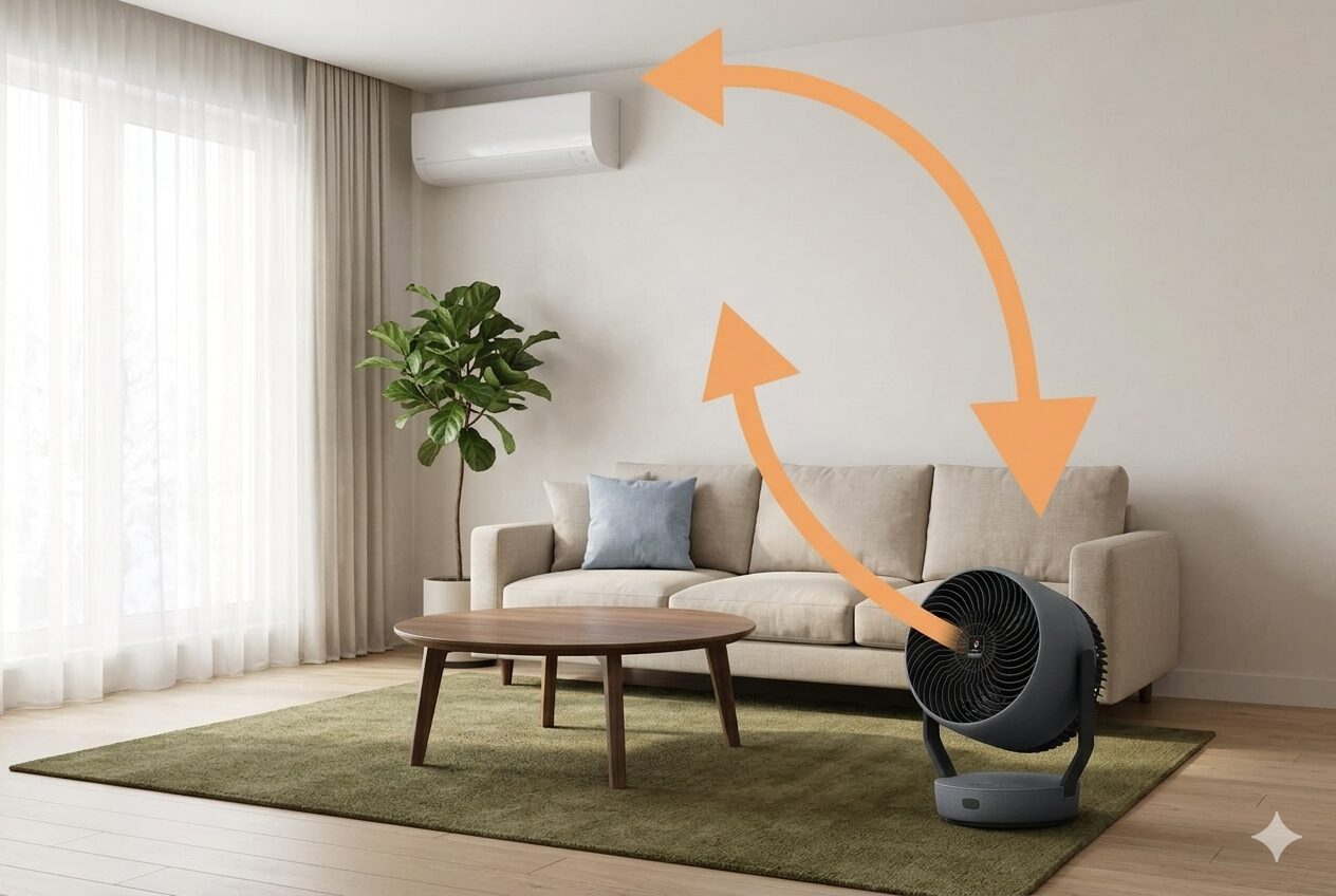 シャープ PK-S1801 とエアコン暖房を併用して天井の暖気を足元に届ける空気循環図