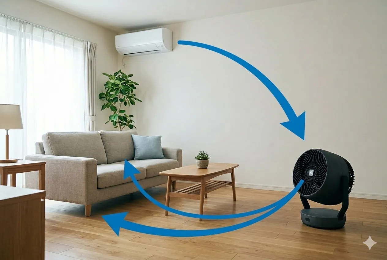 エアコンの冷気がサーキュレーターで床面に広がり体感温度を下げる仕組みの図解