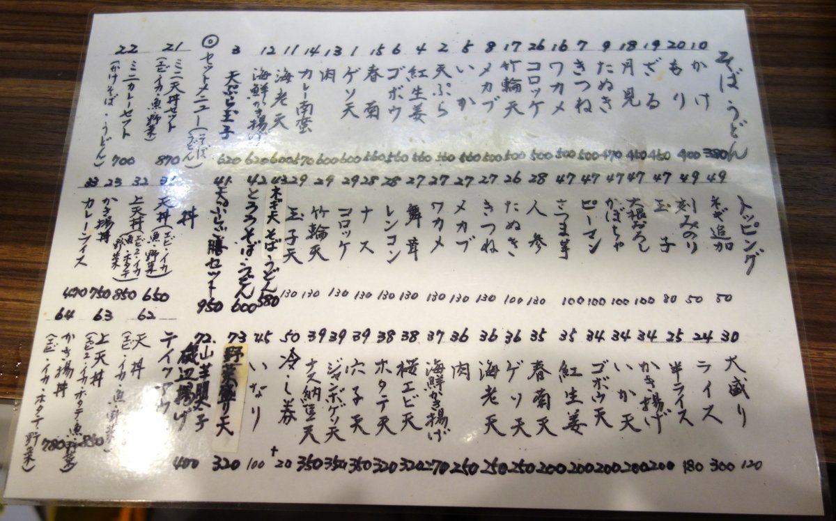 店内カウンターに置かれた紙のメニュー表(番号と自販機ボタンが連動)