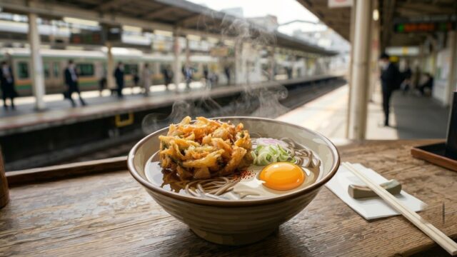 駅のホームで湯気を立てる、かき揚げ天玉そば（駅そば食べ比べのイメージ）