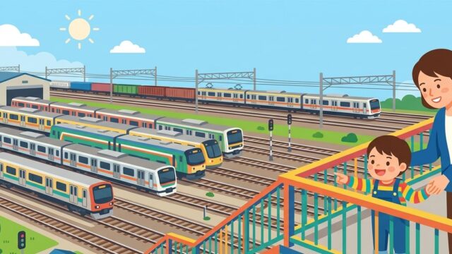 車両基地にずらりと並ぶ電車を、跨線橋から眺める親子（子鉄のお出かけイメージ）
