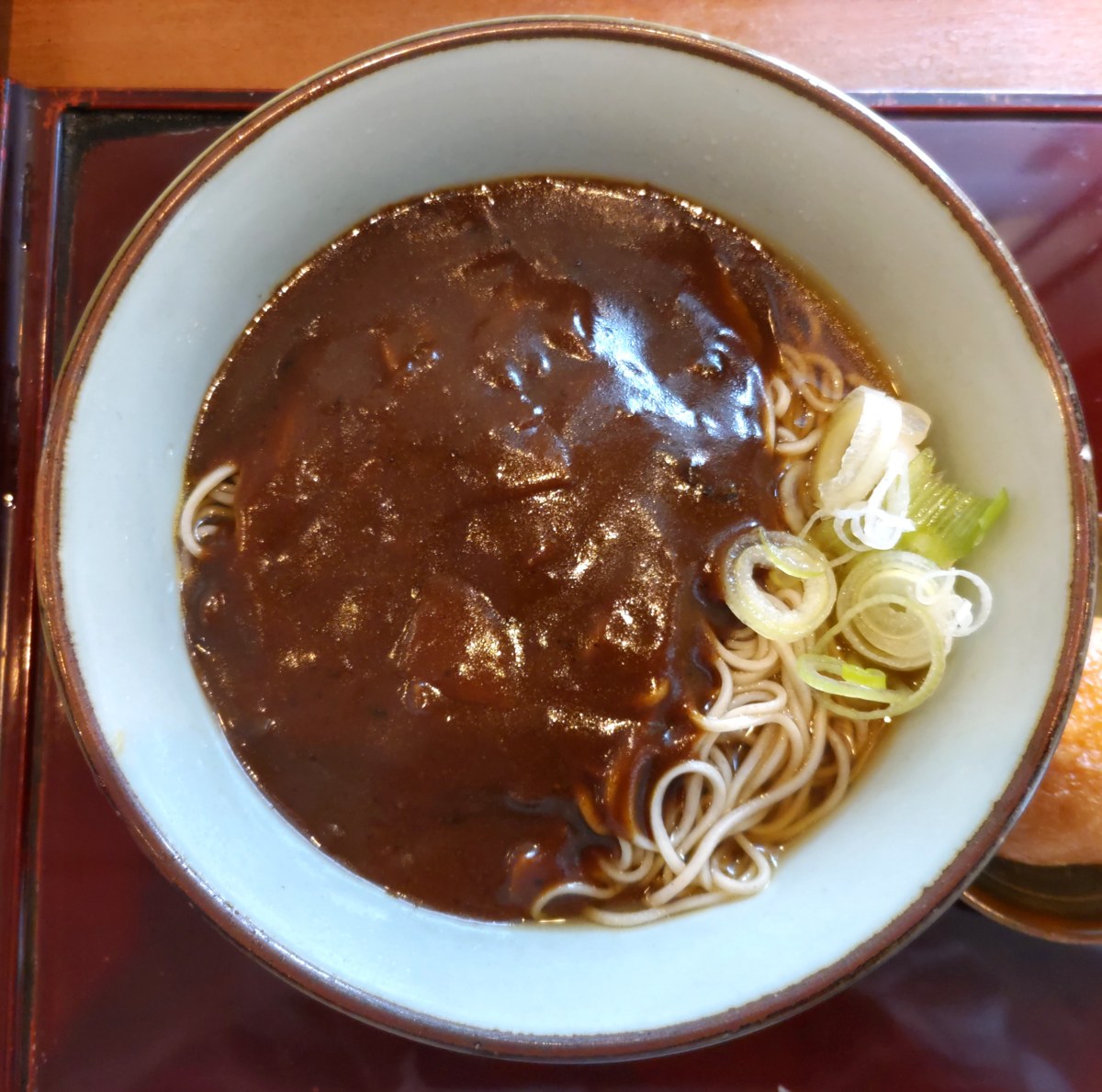 濃厚な甘口カレーと自家製の極細そば、小口切りの長ネギ