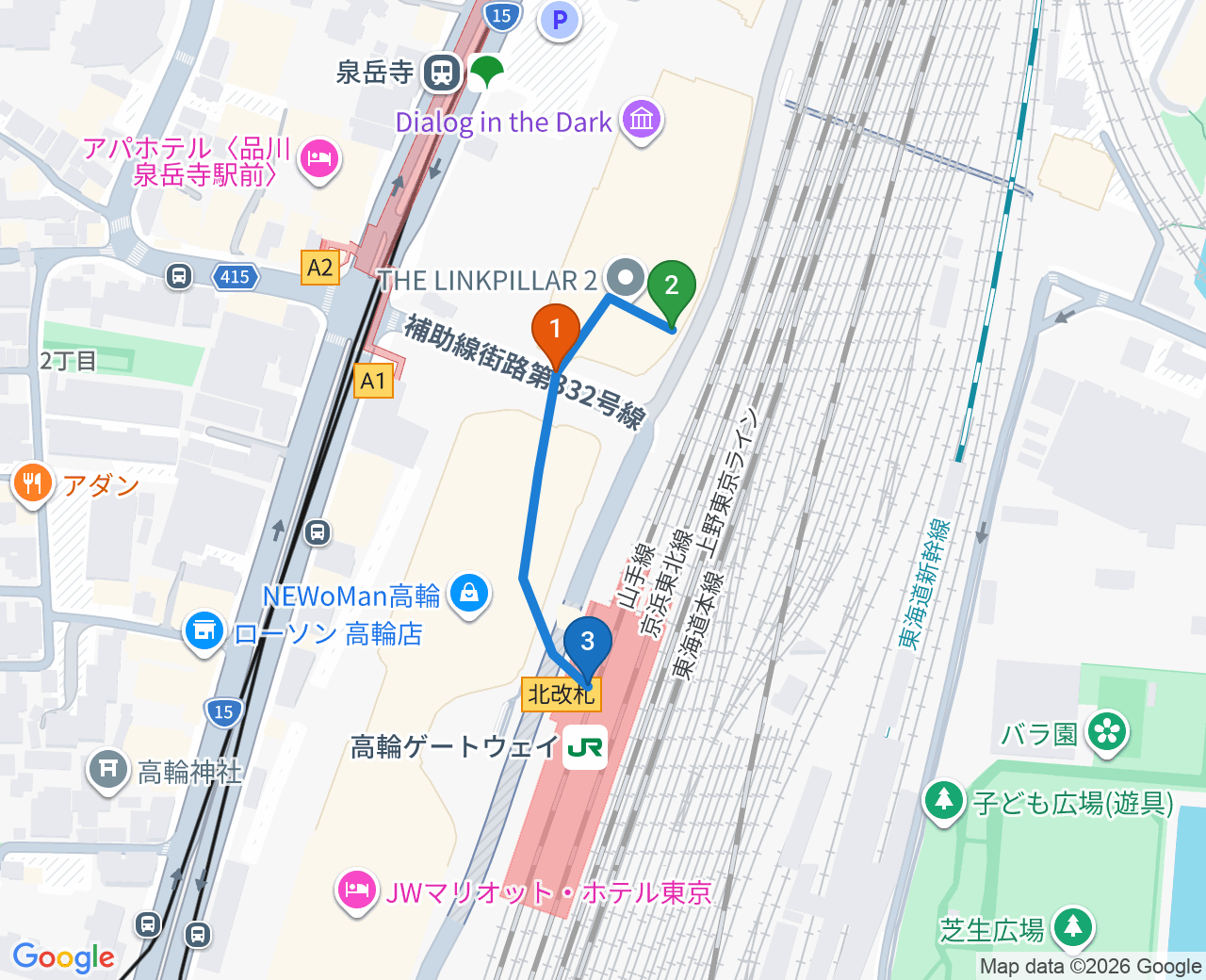 高輪ゲートウェイ 電車ビュースポット地図：①1NORTHと2の間のデッキ・②THE LINKPILLAR 2・③高輪ゲートウェイ駅ホームと徒歩ルート