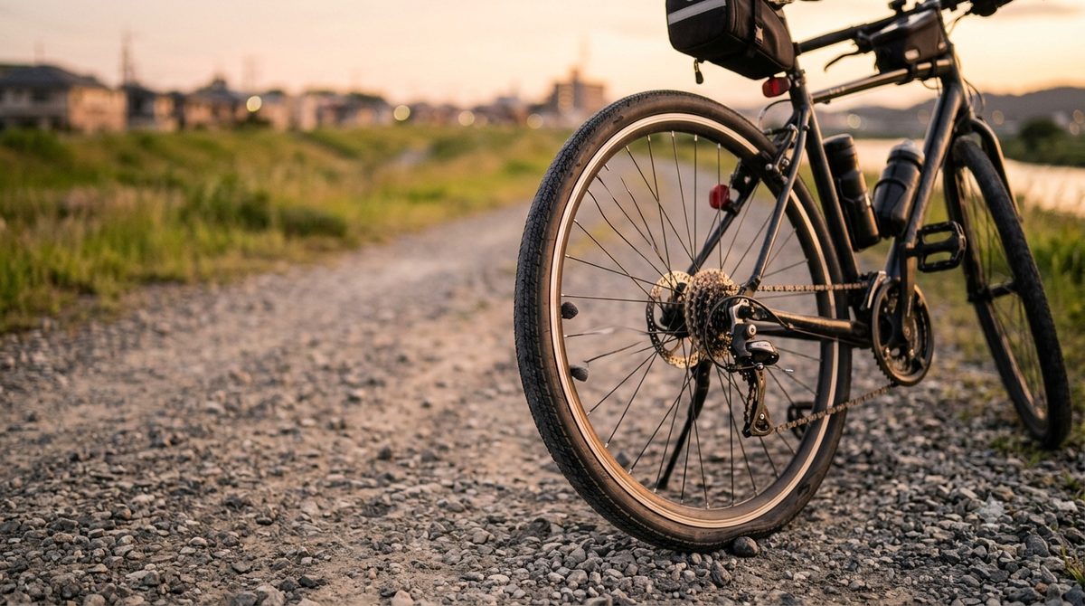夕暮れの人けのない道に停められた自転車の後輪(イメージ)