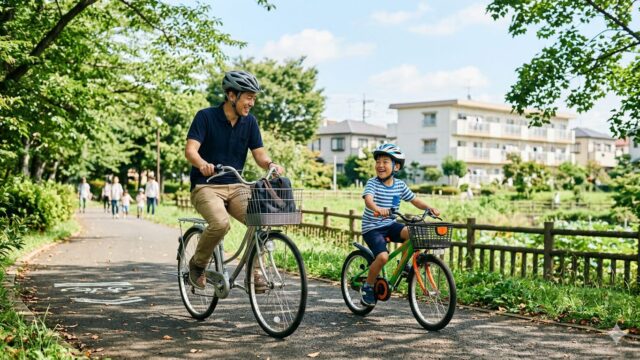公園で親子が笑顔でサイクリングを楽しんでいる様子