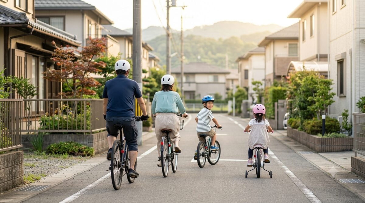 ヘルメットを着けた家族4人が住宅街を自転車で走る様子