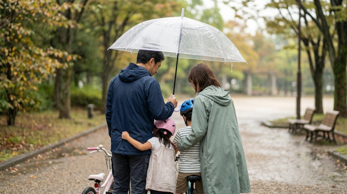 雨の中、家族4人が1本の透明な傘に入っている様子