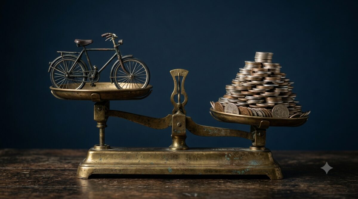 自転車の模型と硬貨の山を乗せた天秤