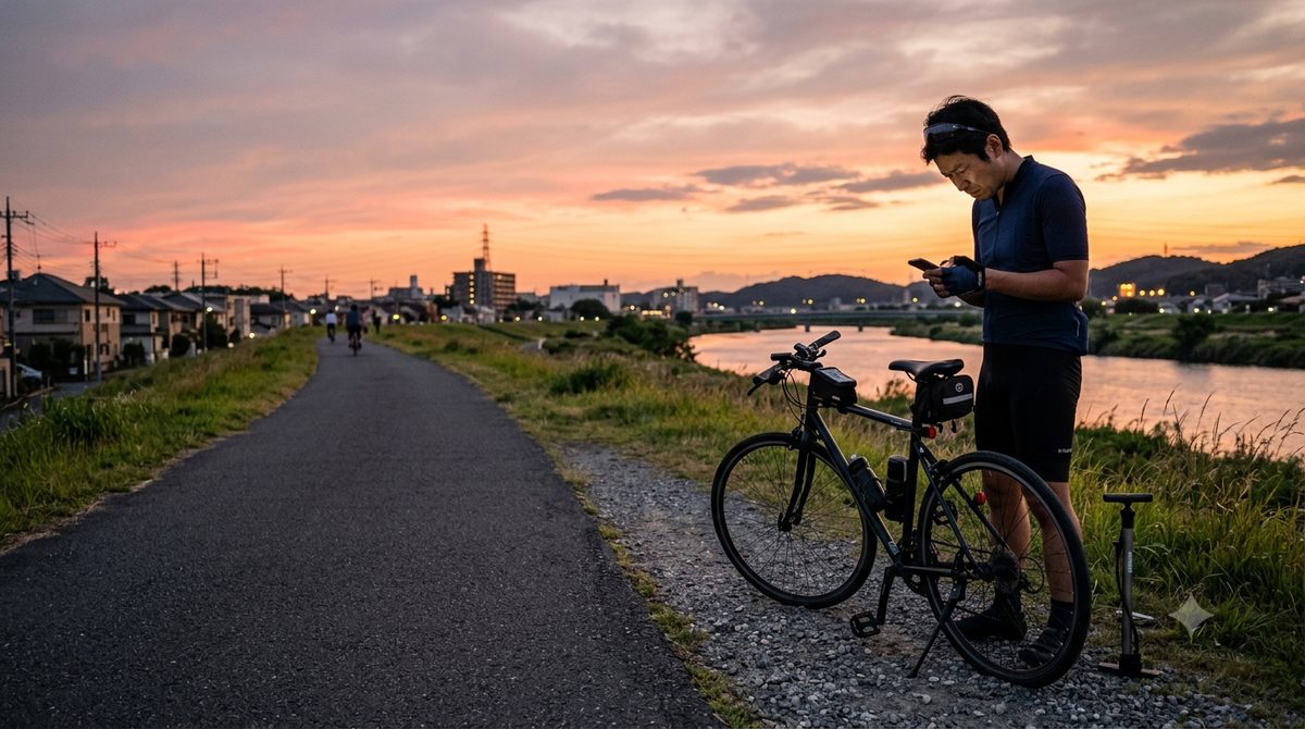 夕暮れの道でパンクした自転車のそばでスマートフォンを見る男性（イメージ）