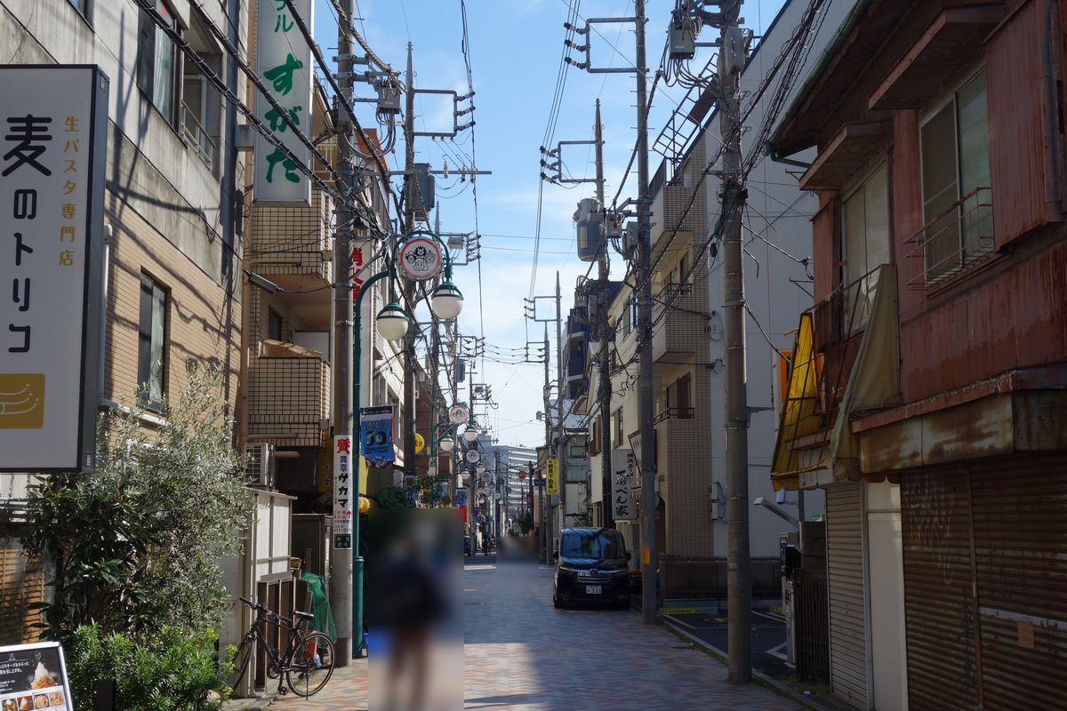 元住吉駅東口から続くオズ通り商店街の街並みとレトロな街灯