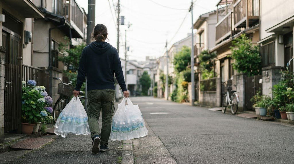 スーパーの袋で炭酸水を持ち帰るイメージ（AI生成）