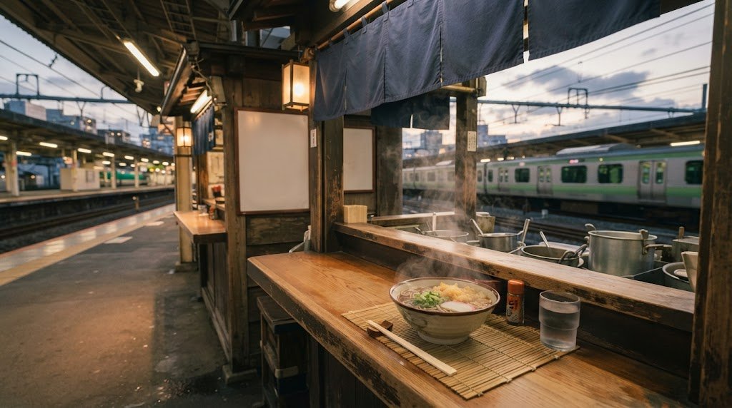 夕暮れの駅ホームにある立ち食いそば店のイメージ(AI生成)