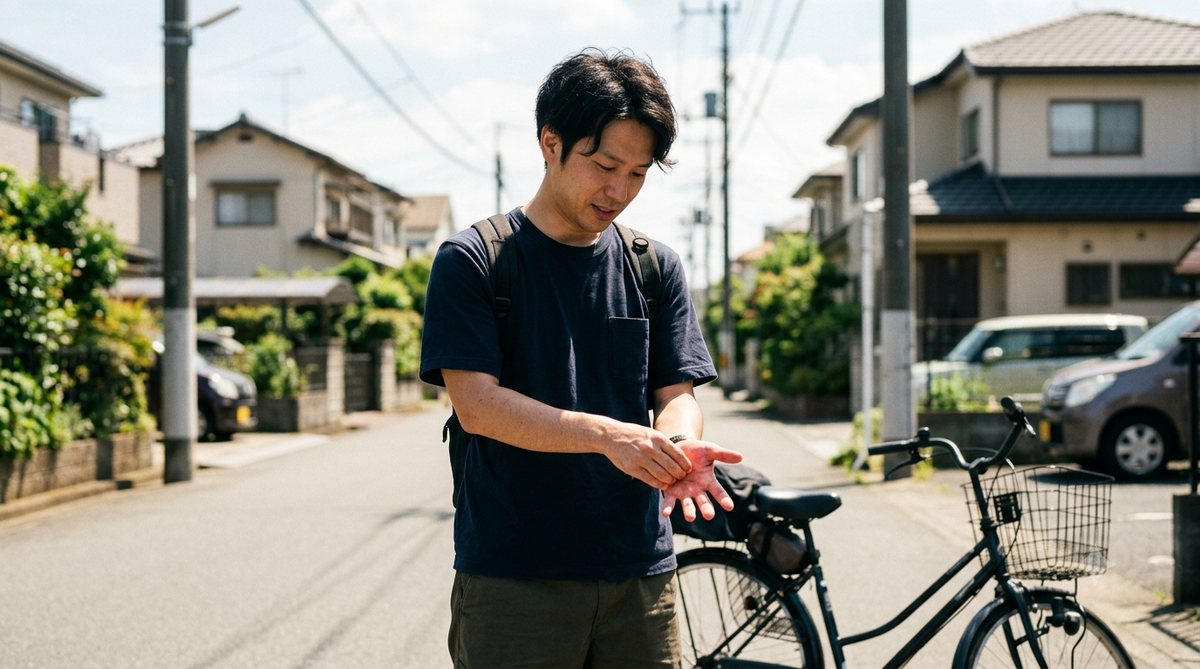 自転車を降りた男性が、素手の手のひらを反対の手で揉みほぐしている(AI生成画像)