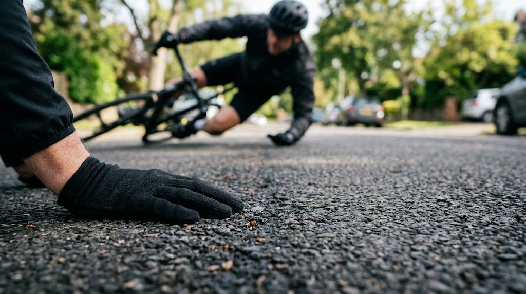 自転車でバランスを崩した人が、黒いグローブをはめた手を地面につく瞬間(AI生成画像)