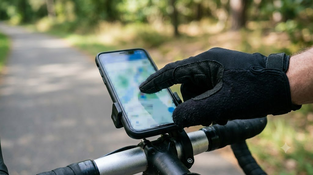 黒いグローブをはめた指が、自転車のハンドルに取り付けたスマートフォンの画面に触れている(AI生成画像)