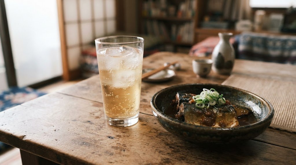 ラフロイグのハイボールとサバ味噌煮の晩酌イメージ(AI生成)