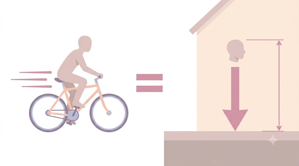 自転車で走る人と、高い位置から頭が落ちる様子を等号で並べた図解
