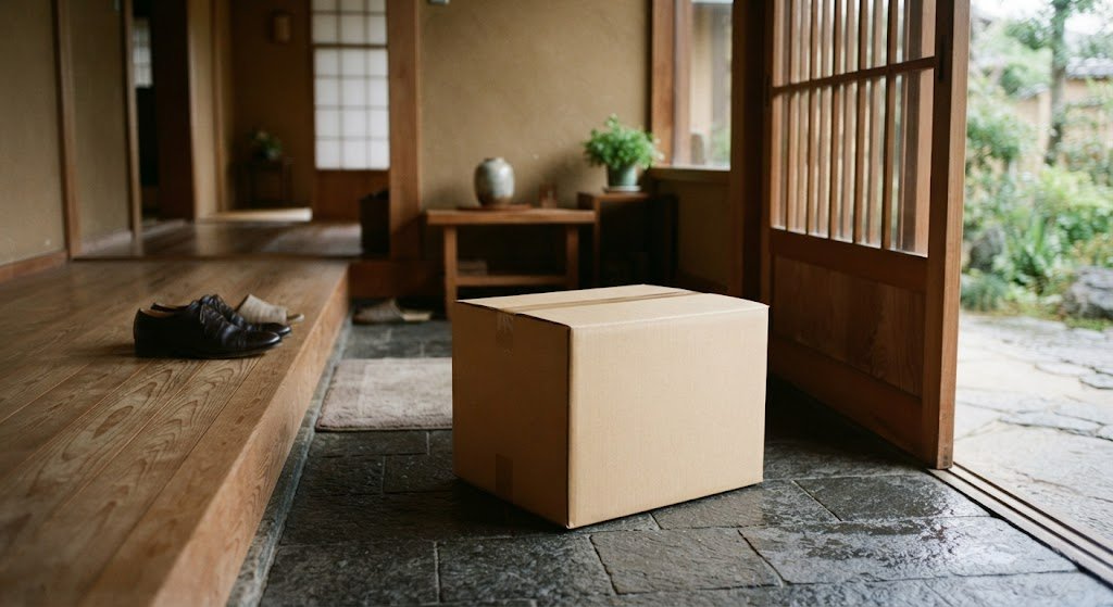 玄関に届いた炭酸水の段ボールのイメージ（AI生成）
