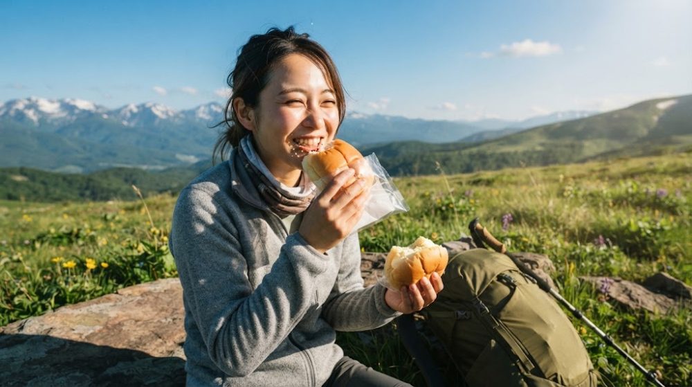 登山の休憩で、袋から出した甘いパンを美味しそうに食べる女性