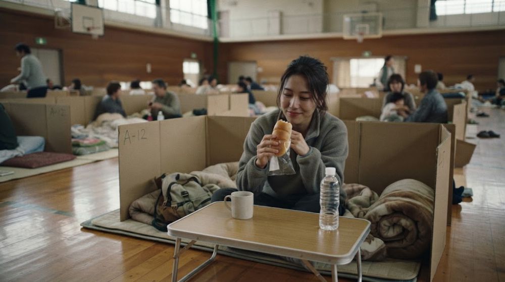 避難所で長期保存の甘いパンを食べて、表情が和らいだ女性