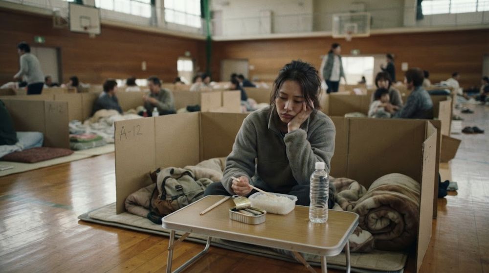 避難所で、ごはんと缶詰ばかりの簡素な食事に飽きて疲れた表情の女性