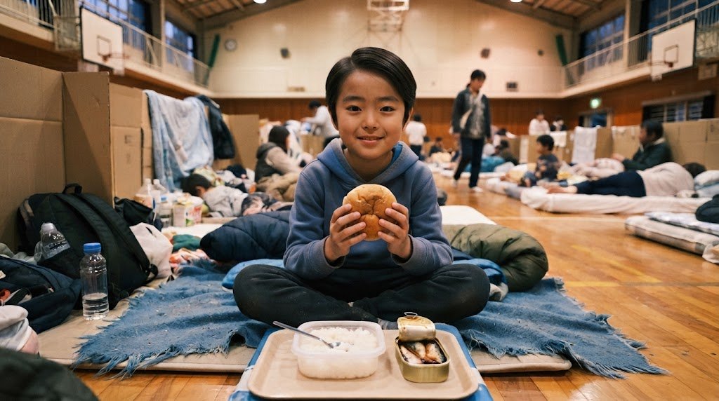 避難所の体育館で、素朴な丸いパンを両手に持ち表情が明るくなった子供のイメージ(AI生成)