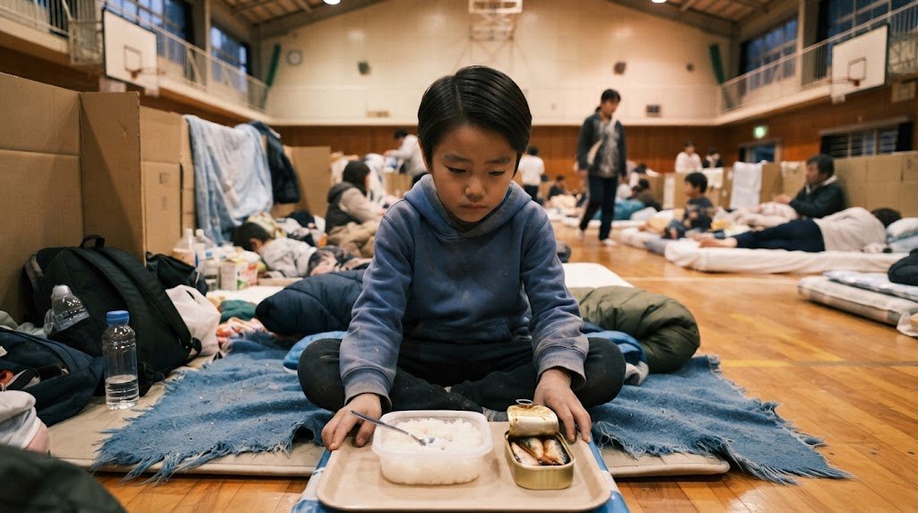 避難所の体育館で、配給のごはんと缶詰を前に食欲が出ずうつむく子供のイメージ(AI生成)