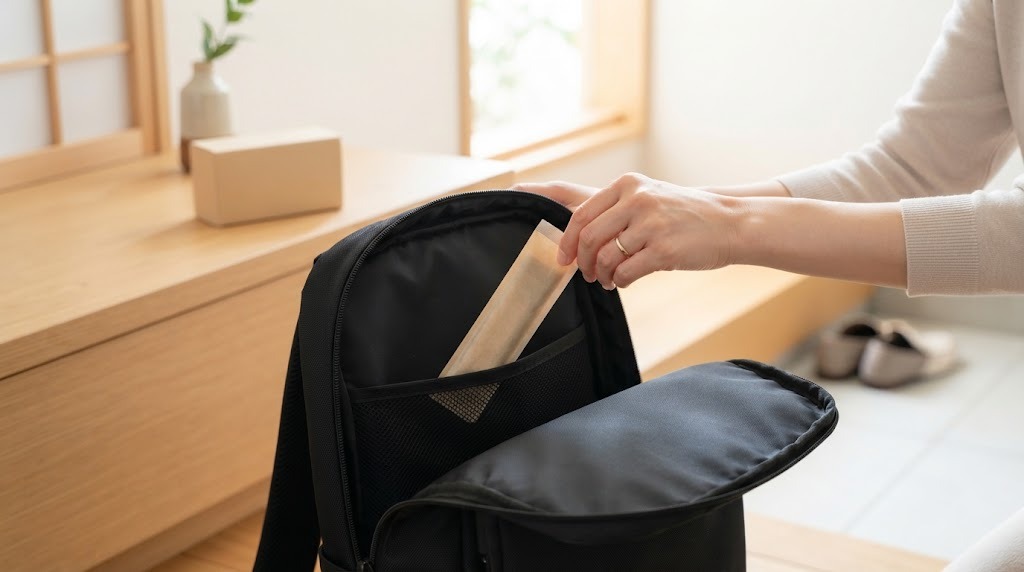 朝の玄関で通勤リュックの内ポケットに個包装のおやつを1本入れる手元（AI生成のイメージ）