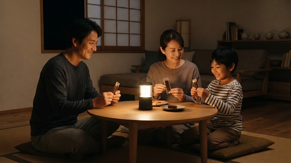 停電した夜のリビングで、ランタンの明かりのもと家族3人が小さな個包装のおやつを分け合っている（AI生成のイメージ）