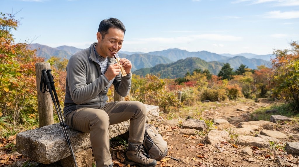 秋の登山道の休憩で、片手で個包装のようかんを食べる登山者（AI生成のイメージ）