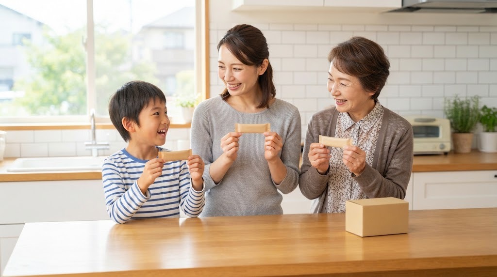 明るいキッチンで子ども・母・祖母の3世代が同じ個包装のおやつを手にしている（AI生成のイメージ）