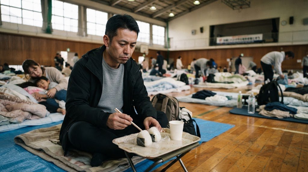 避難所の朝、簡素な配給の食事を前に食欲が出ない男性(AI生成のイメージ)