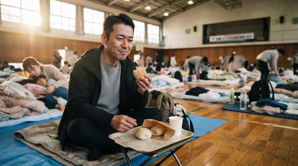 避難所の朝、素朴な丸いパンをひと口食べて表情がやわらぐ男性(AI生成のイメージ)