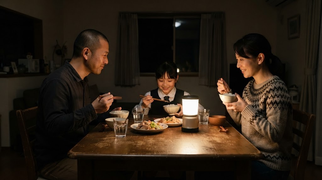 停電した夜のダイニングで、ランタンの明かりのもと家族3人がご飯と鶏肉とねぎのおかずを食べている(AI生成のイメージ)