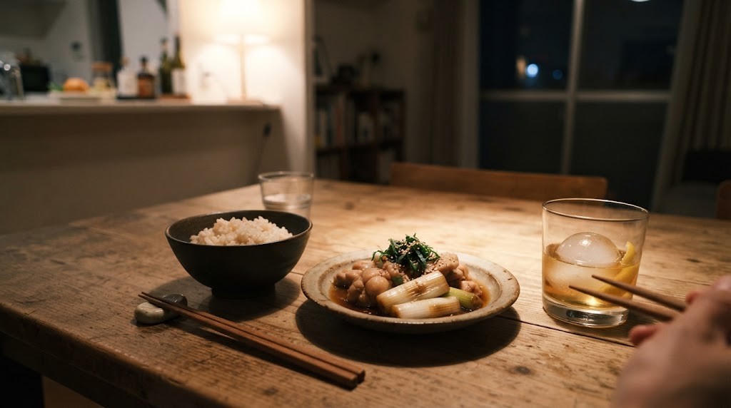 夜の自宅のテーブルにご飯茶碗と鶏肉とねぎのおかず、ハイボールのグラス(AI生成のイメージ)