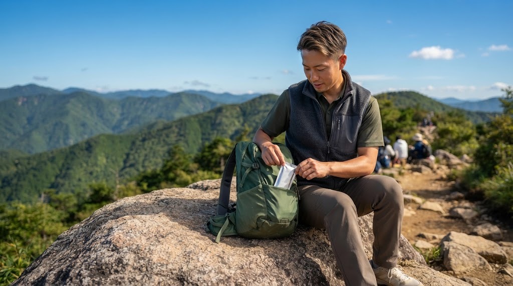 晴れた登山道の休憩スポットで、リュックから銀色の個包装を取り出す男性(AI生成のイメージ)
