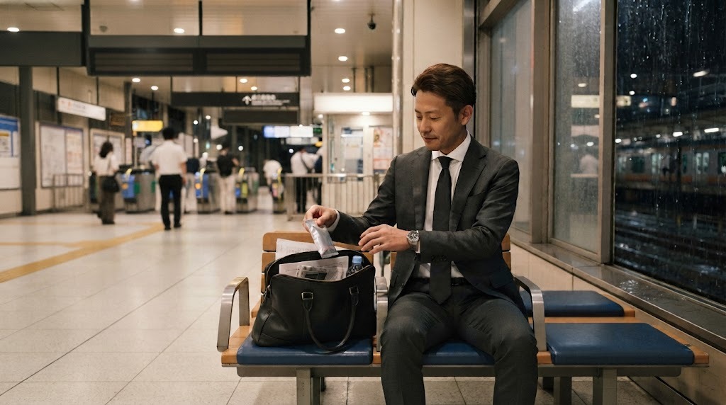 大雨で電車が止まった夜の駅で、カバンから個包装のお菓子を取り出す会社員(AI生成のイメージ)
