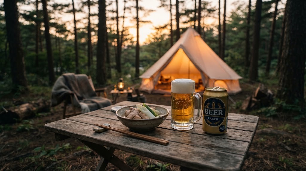夕方のキャンプサイトのテーブルに置かれた鶏肉とねぎのおかずの小皿と、泡の立ったビールのジョッキと架空ブランドの缶ビール(AI生成のイメージ)