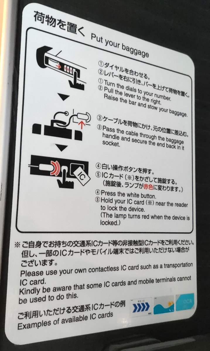新幹線デッキ荷物置き場に掲示されている使い方表示(予約制だった頃の5ステップ。ダイヤル・レバー操作は現在は不要)