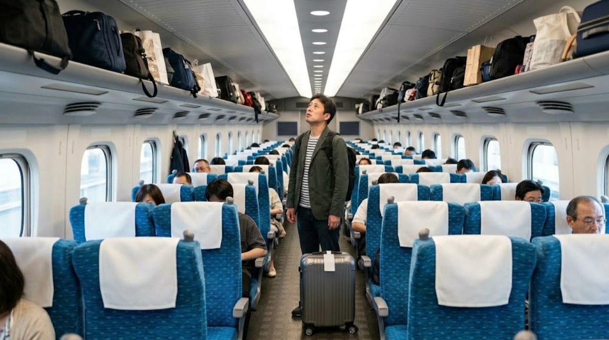 東海道新幹線の普通車(3列+2列)で、頭上の網棚が他の乗客の荷物でいっぱいになり、スーツケースを置けずに見上げて困っている男性(AIイメージ)