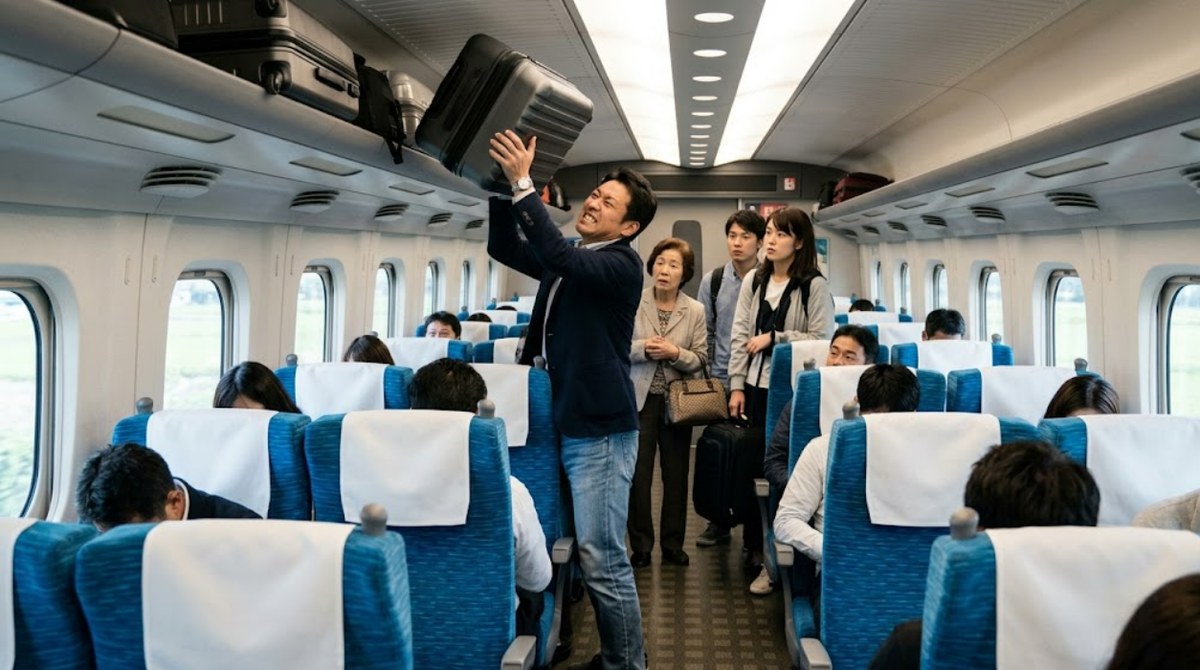 東海道新幹線の普通車(3列+2列)の通路で、重いスーツケースを頭上の網棚に持ち上げようと力んでいる男性。後ろでは乗客が待っている(AIイメージ)