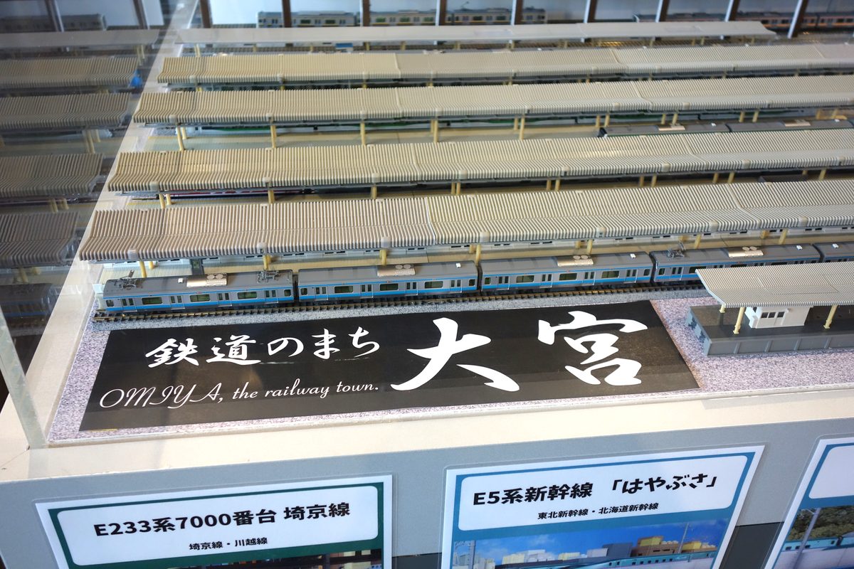 大宮駅を再現した静止展示「鉄道のまち大宮」の看板と駅のホーム